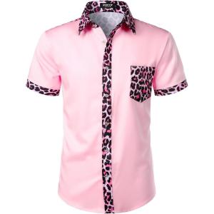 JEMITOP Men’s Stretchy Causal Leopard Cheetah Print Short Sleeve Slim Fit Button Up Shirt(Pink Leopard)