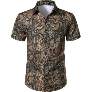 JEMITOP Men’s Stretchy Causal Leopard Cheetah Print Short Sleeve Slim Fit Button Up Shirt(Snake)