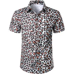 JEMITOP Men’s Stretchy Causal Leopard Cheetah Print Short Sleeve Slim Fit Button Up Shirt(White)
