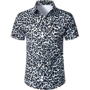 JEMITOP Men’s Stretchy Causal Leopard Cheetah Print Short Sleeve Slim Fit Button Up Shirt(White Gray)