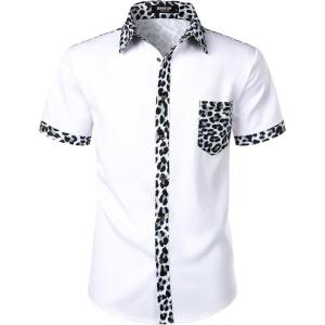 JEMITOP Men’s Stretchy Causal Leopard Cheetah Print Short Sleeve Slim Fit Button Up Shirt(White Leopard)