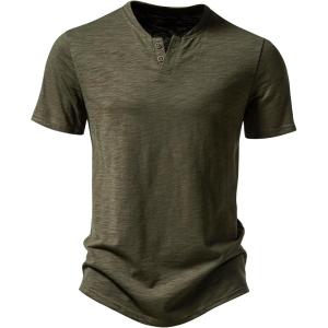 JEMITOP Men’s Stretchy Short Sleeve Henley T-Shirt Casual Cotton 2 Buttons Notch Neck Tee Shirts(Army Green)