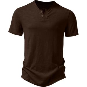 JEMITOP Men’s Stretchy Short Sleeve Henley T-Shirt Casual Cotton 2 Buttons Notch Neck Tee Shirts(Brown)