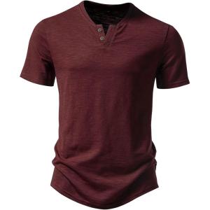 JEMITOP Men’s Stretchy Short Sleeve Henley T-Shirt Casual Cotton 2 Buttons Notch Neck Tee Shirts(Burgundy)