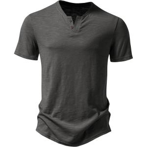 JEMITOP Men’s Stretchy Short Sleeve Henley T-Shirt Casual Cotton 2 Buttons Notch Neck Tee Shirts(Grey)