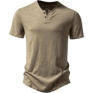 JEMITOP Men’s Stretchy Short Sleeve Henley T-Shirt Casual Cotton 2 Buttons Notch Neck Tee Shirts(Khaki)