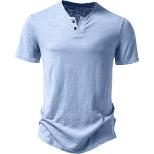 JEMITOP Men’s Stretchy Short Sleeve Henley T-Shirt Casual Cotton 2 Buttons Notch Neck Tee Shirts(Light Blue)