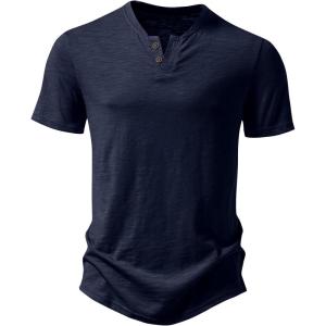 JEMITOP Men’s Stretchy Short Sleeve Henley T-Shirt Casual Cotton 2 Buttons Notch Neck Tee Shirts(Navy Blue)