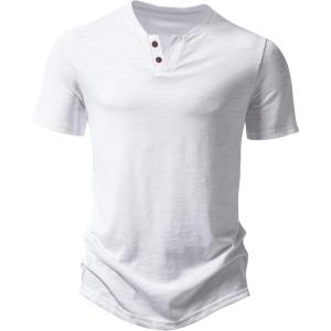 JEMITOP Men’s Stretchy Short Sleeve Henley T-Shirt Casual Cotton 2 Buttons Notch Neck Tee Shirts(White)