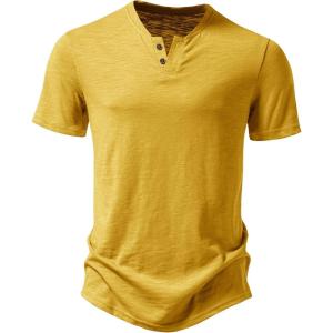 JEMITOP Men’s Stretchy Short Sleeve Henley T-Shirt Casual Cotton 2 Buttons Notch Neck Tee Shirts(Yellow)
