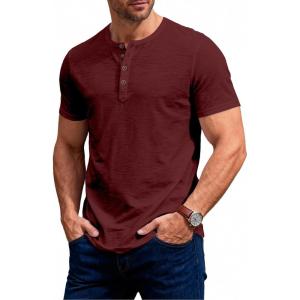 JEMITOP Men’s Stretchy Short Sleeve Slim Fit Henley T-Shirt Casual Cotton 4 Buttons Tee Shirts(Burgundy)