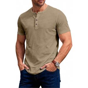 JEMITOP Men’s Stretchy Short Sleeve Slim Fit Henley T-Shirt Casual Cotton 4 Buttons Tee Shirts(Khaki)