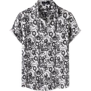 JEMITOP Men’s Stylish Casual Printed Short Sleeve Button Down Shirts Summer Vacation Beach Tropical Hawaiian Shirt(Black Floral)