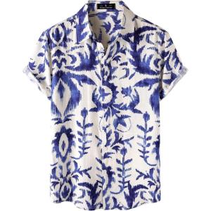 JEMITOP Men’s Stylish Casual Printed Short Sleeve Button Down Shirts Summer Vacation Beach Tropical Hawaiian Shirt(Blue Boho Floral)