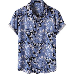 JEMITOP Men’s Stylish Casual Printed Short Sleeve Button Down Shirts Summer Vacation Beach Tropical Hawaiian Shirt(Blue Floral)
