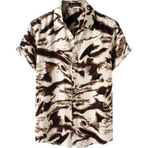JEMITOP Men’s Stylish Casual Printed Short Sleeve Button Down Shirts Summer Vacation Beach Tropical Hawaiian Shirt(Brown Abstract Pattern)