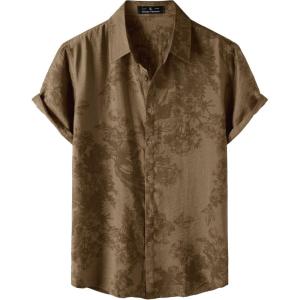 JEMITOP Men’s Stylish Casual Printed Short Sleeve Button Down Shirts Summer Vacation Beach Tropical Hawaiian Shirt(Brown Floral)