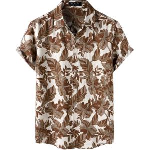 JEMITOP Men’s Stylish Casual Printed Short Sleeve Button Down Shirts Summer Vacation Beach Tropical Hawaiian Shirt(Brown Leaves)
