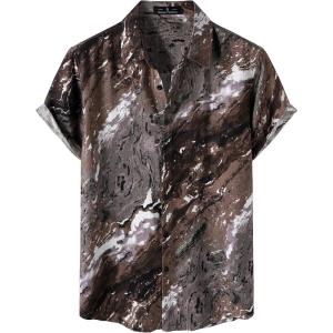 JEMITOP Men’s Stylish Casual Printed Short Sleeve Button Down Shirts Summer Vacation Beach Tropical Hawaiian Shirt(Chocolate Brown)