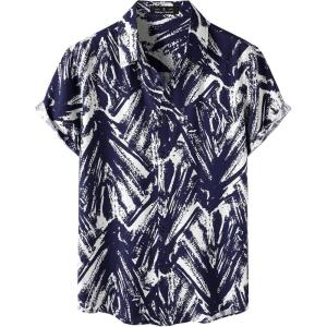 JEMITOP Men’s Stylish Casual Printed Short Sleeve Button Down Shirts Summer Vacation Beach Tropical Hawaiian Shirt(Navy Blue)