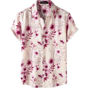 JEMITOP Men’s Stylish Casual Printed Short Sleeve Button Down Shirts Summer Vacation Beach Tropical Hawaiian Shirt(Pink Floral)