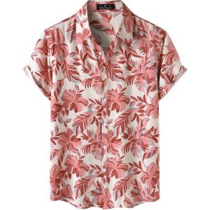 JEMITOP Men’s Stylish Casual Printed Short Sleeve Button Down Shirts Summer Vacation Beach Tropical Hawaiian Shirt(Pink Leaves)