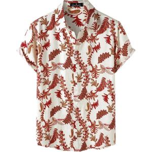 JEMITOP Men’s Stylish Casual Printed Short Sleeve Button Down Shirts Summer Vacation Beach Tropical Hawaiian Shirt(Red Paisley)