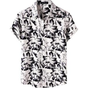 JEMITOP Men’s Stylish Casual Printed Short Sleeve Button Down Shirts Summer Vacation Beach Tropical Hawaiian Shirt(White Floral)