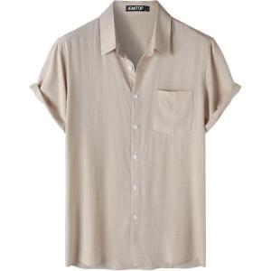 JEMITOP Men’s Summer Cooling Shirts Lightweight Breathable Short Sleeve Button up Shirts for Beach Vacation with Pocket(Khaki)