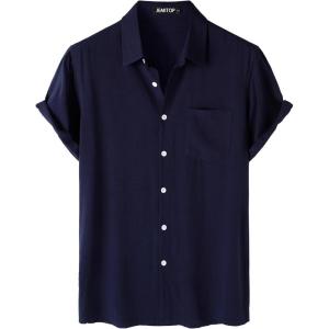 JEMITOP Men’s Summer Cooling Shirts Lightweight Breathable Short Sleeve Button up Shirts for Beach Vacation with Pocket(Navy Blue)