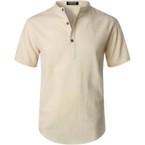 JEMITOP Men’s Summer Lightweight Cotton Linen Shirts Casual Short Sleeve Breathable Banded Collar Henley for Beach Vacation(Beige)