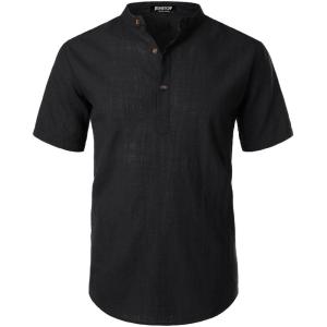 JEMITOP Men’s Summer Lightweight Cotton Linen Shirts Casual Short Sleeve Breathable Banded Collar Henley for Beach Vacation(Black)