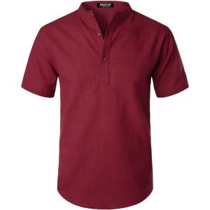 JEMITOP Men’s Summer Lightweight Cotton Linen Shirts Casual Short Sleeve Breathable Banded Collar Henley for Beach Vacation(Burgundy)