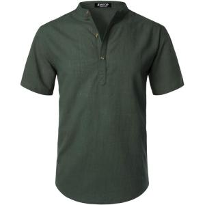 JEMITOP Men’s Summer Lightweight Cotton Linen Shirts Casual Short Sleeve Breathable Banded Collar Henley for Beach Vacation(Dark Green)