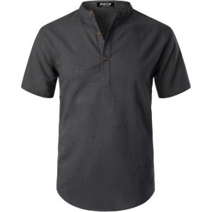 JEMITOP Men’s Summer Lightweight Cotton Linen Shirts Casual Short Sleeve Breathable Banded Collar Henley for Beach Vacation(Dark Grey)