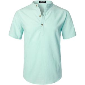 JEMITOP Men’s Summer Lightweight Cotton Linen Shirts Casual Short Sleeve Breathable Banded Collar Henley for Beach Vacation(Light Green)