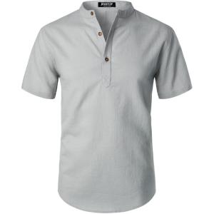 JEMITOP Men’s Summer Lightweight Cotton Linen Shirts Casual Short Sleeve Breathable Banded Collar Henley for Beach Vacation(Light Grey)