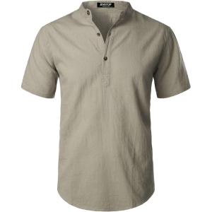JEMITOP Men’s Summer Lightweight Cotton Linen Shirts Casual Short Sleeve Breathable Banded Collar Henley for Beach Vacation(Light Khaki)