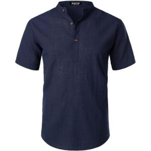 JEMITOP Men’s Summer Lightweight Cotton Linen Shirts Casual Short Sleeve Breathable Banded Collar Henley for Beach Vacation(Navy Blue)