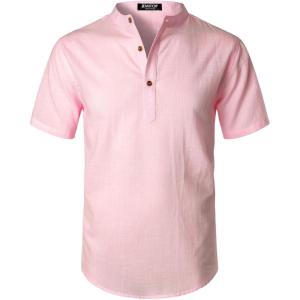 JEMITOP Men’s Summer Lightweight Cotton Linen Shirts Casual Short Sleeve Breathable Banded Collar Henley for Beach Vacation(Pink)