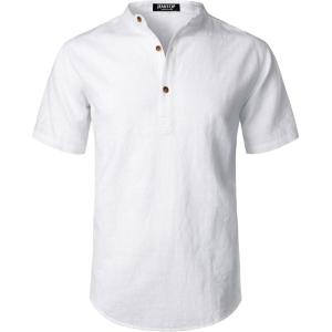 JEMITOP Men’s Summer Lightweight Cotton Linen Shirts Casual Short Sleeve Breathable Banded Collar Henley for Beach Vacation(White)
