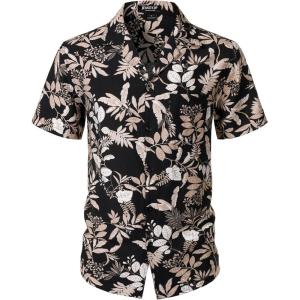JEMITOP Men’s Summer Textured Cuban Collar Hawaiian Shirts Casual Vacation Short Sleeve Button Up Shirt with Pocket(Black Leaves)