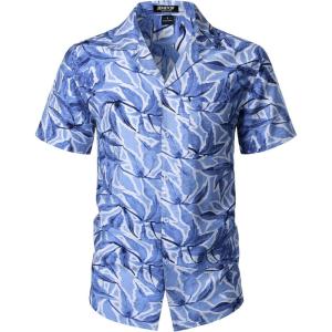 JEMITOP Men’s Summer Textured Cuban Collar Hawaiian Shirts Casual Vacation Short Sleeve Button Up Shirt with Pocket(Blue)