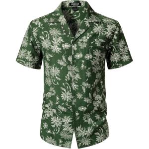 JEMITOP Men’s Summer Textured Cuban Collar Hawaiian Shirts Casual Vacation Short Sleeve Button Up Shirt with Pocket(Forest Green)
