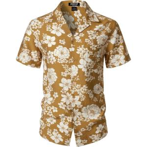 JEMITOP Men’s Summer Textured Cuban Collar Hawaiian Shirts Casual Vacation Short Sleeve Button Up Shirt with Pocket(Mustard Yellow)