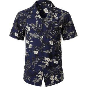 JEMITOP Men’s Summer Textured Cuban Collar Hawaiian Shirts Casual Vacation Short Sleeve Button Up Shirt with Pocket(Navy Blue Leaves)
