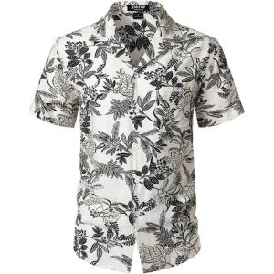 JEMITOP Men’s Summer Textured Cuban Collar Hawaiian Shirts Casual Vacation Short Sleeve Button Up Shirt with Pocket(White Leaves)