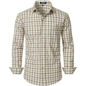JEMITOP Men’s Transitional Weather Slim Fit Long Sleeve Button Down Shirt Business Casual Dress Shirts with Pocket(Beige Yellow Gingham)
