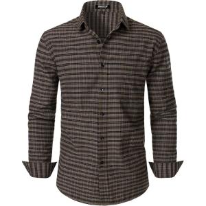 JEMITOP Men’s Transitional Weather Slim Fit Long Sleeve Button Down Shirt Business Casual Dress Shirts with Pocket(Brown Gingham)