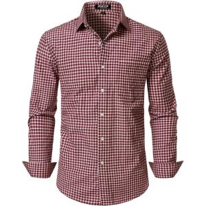 JEMITOP Men’s Transitional Weather Slim Fit Long Sleeve Button Down Shirt Business Casual Dress Shirts with Pocket(Burgundy Gingham)